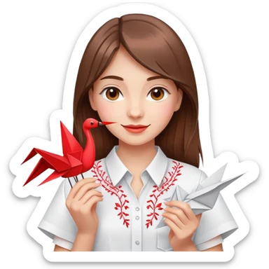 Happy Ukrainian young girl with brown hair in a white embroidered shirt holds an origami red crane sticker