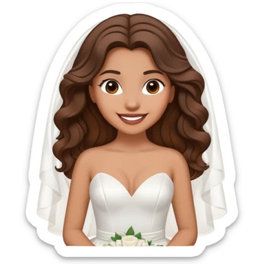 Tan, Dark Brown haired girl, long Hollywood wave hair, in white wedding dress smiling sticker