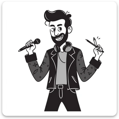rock star with neat trimmed beard, tattooed arms, headphones resting on shoulders, happy expression, holding mic in one hand and pencil in other sticker