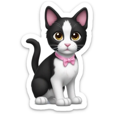 young black and white tuxedo cat walking profile with round eyes, a pink nose, the white fur on his face only goes under the eyes to the bottom of his face, whispy tips on ears sticker