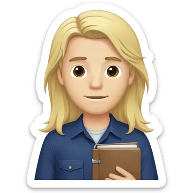 Guy with long blonde hair and navy button up holding a notebook sticker