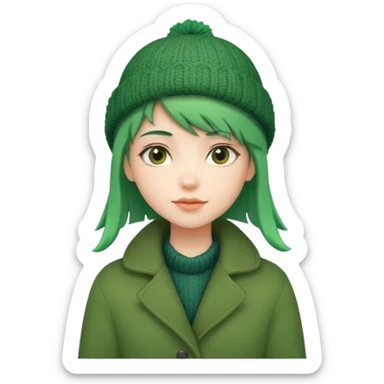 Girl with green hair wearing winter coat and a woolen hat with a relaxed posture and friendly face sticker