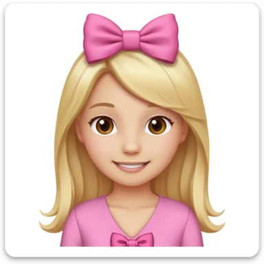 Create a custom emoji of a coquette-style girl with long blonde hair, brown eyes, fair skin, wearing a pink outfit with a cute bow in her hair. sticker