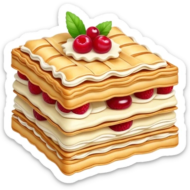 Mille-feuille Cinematic Realistic Mille-Feuille Dessert Emoji, depicted as a delicate pastry composed of two crisp layers of puff pastry with a rich cream filling, rendered with intricate textures and elegant, soft lighting. sticker