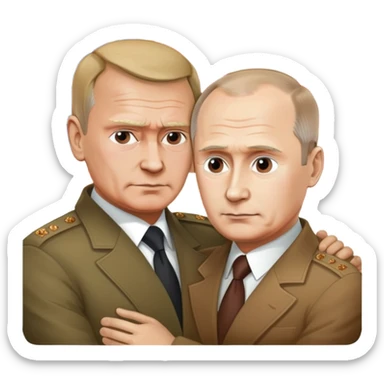 The Russian president and the US president are kissing each other. There is a war going on behind them. sticker