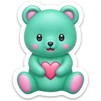 Oso gummy color verde agua  corazón rosa kawaii con cuerpo entero sticker