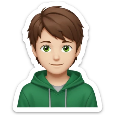 the face of an Anime teen boy with brown hair, green eyes, looking smiling slightly sideways positioned. Face must be main filling of the emoji. A little piece of hoodie can be visible. 128px sticker