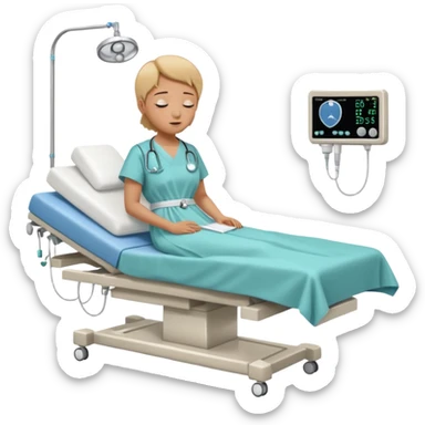 A patient lying on a medical examination bed with eyes closed, seen in a wider, full-body view, preparing to undergo a colonoscopy procedure in a clean hospital environment. sticker