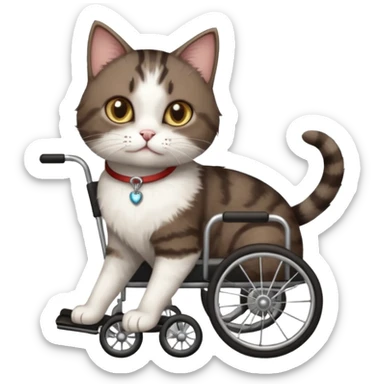 full body small short hair dark brown and white cat with hazel eyes walking in a wheelchair for cats sticker