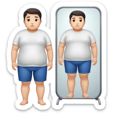 A young Asian guy looks sadly at his overweight body in the full-length mirror. sticker
