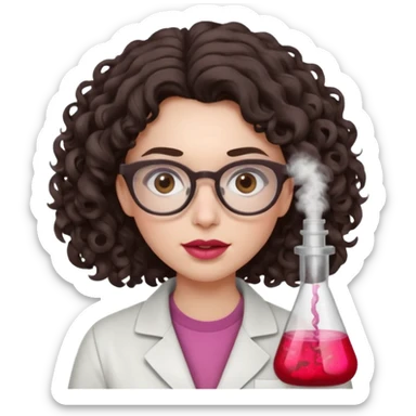 A crazy female scientist, with curly-wavy dark brown medium lenght hair, brown eyes and light grey glasses and pale skin and pinkish lips, dressed to look like an english teacher but in neutral tones like grey black white, maybe with the pop of dark red, she should look slighltly insane sticker