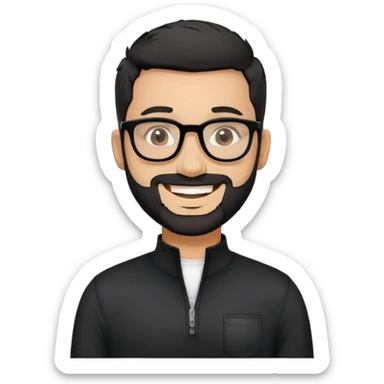 Light-skinned man with very short black hair, short salt and pepper beard, big black glasses frames, happy smile, black long sleeve zip-neck shirt sticker