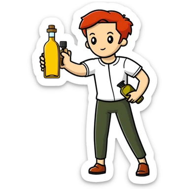 redhead person holding olive oil bottle like a pistol, action pose sticker