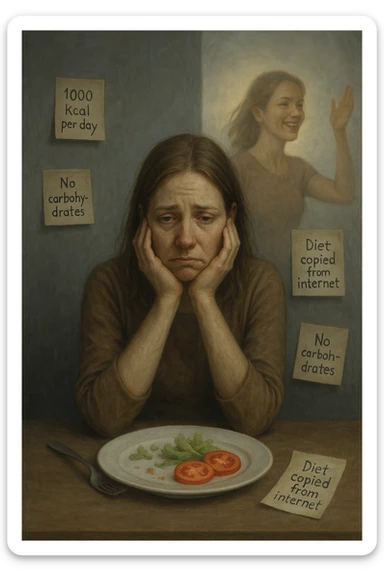 Donna tra i 30 e i 40 anni seduta a tavola, davanti a un piatto quasi vuoto con solo insalata e due fette di pomodoro. Il suo volto è visibilmente triste, stanco, con occhi spenti. Intorno a lei, foglietti attaccati con scritte come '1000 kcal al giorno', 'No carboidrati', 'Dieta copiata da internet'. L’atmosfera è fredda, grigia, priva di energia. Il suo corpo appare spento e scarico. Sullo sfondo, la sagoma di sé stessa più felice e piena di vitalità, come ricordo di un approccio migliore mai seguito. Stile realistico e simbolico sticker