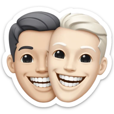 2 super idol heads smiling but only their upper teeth are visible and the one on the left is very white and the one on the right is dark gray and sideways and the background is pitch black sticker
