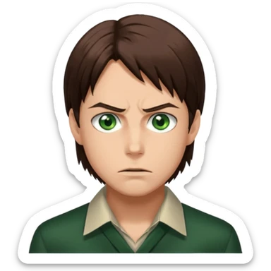 “Create an avatar that looks like Eren Yeager from Attack on Titan, Season 4 — sharp jawline, tied-back long brown hair, intense green eyes. sticker