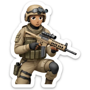 A skilled airsoft player in tactical gear, aiming a gun and shooting metal BBs in a desolate, ruined landscape. The setting is filled with broken walls and debris, creating a tense atmosphere of strategy and precision in a high-stakes tactical environment sticker