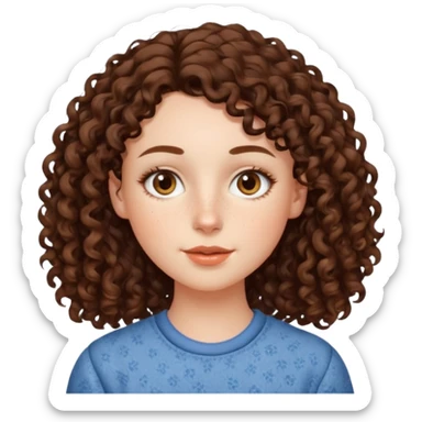 White girl with dark brown long 2C curly hair, brown almond shape eyes, small wide nose, natural lips. Cute clothnig sticker