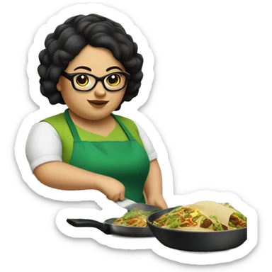 chubby lady with black hair green apron  with glasses cooking tacos sticker