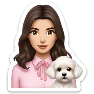 brunette Kendall Jenner with long hair holding on the hands white maltipoo wear on pink collar sticker