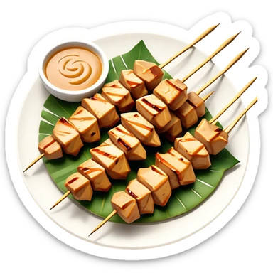 Cinematic Realistic Indonesian Chicken Satay Dish Emoji, depicted as succulent, marinated chicken skewers grilled to perfection with a subtle char, drizzled generously with a rich, creamy peanut sauce that glistens under warm, natural lighting. The vibrant textures of the tender meat and smooth, spicy sauce evoke the authentic flavors of Indonesian street food, rendered with lifelike detail and dynamic, appetizing lighting. sticker
