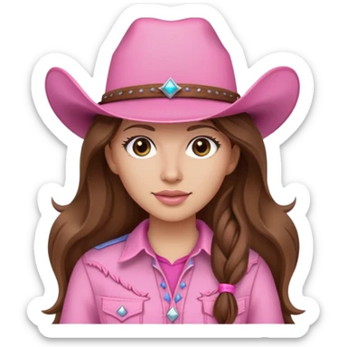 Long brown hair pink outfit light face and pink cowgirl hat sticker