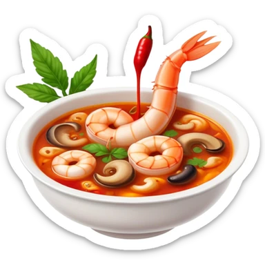 Cinematic Realistic Tom Yam Kung Soup Dish Emoji, showcasing a spicy, sour shrimp soup with herbs and mushrooms rendered with lifelike textures and bold, dynamic lighting. sticker