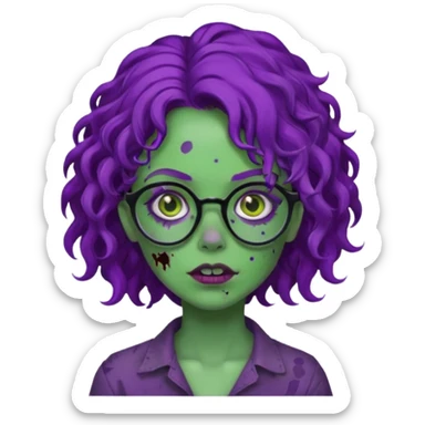 Crie uma garota zumbi com cabelo cacheado roxo, óculos preto e sardas com a pele verde  sticker