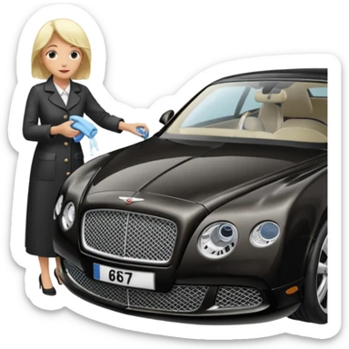 A old blond lady washing a black Bentley car. show the full car and the lady next to it. show the face smaller and the person standing beside it sticker
