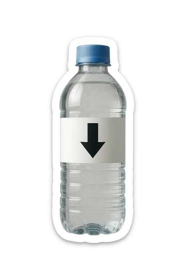 bottiglietta d'acqua con freccia giù fluttuano in aria iperrealistici sticker