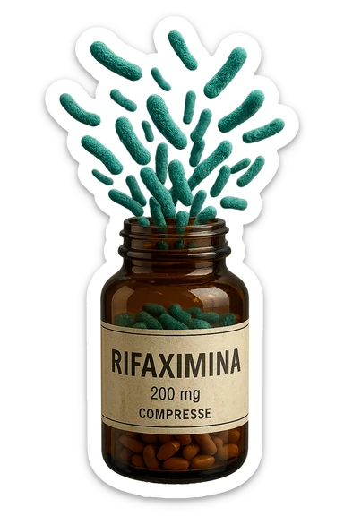 barattolo di medicinale con la scritta "rifaximina" sull'etichetta fluttua in aria, da dentro al barattolo escono batteri intestinali turchesi, iperrealistico 4k sticker