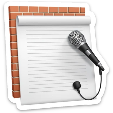 minimalist oconography design: white document with a folded top-right corner and horizontal lines, outlined in a brick pattern. At the top center of the document is an icon indicating ai. In front of the document a microphone icon sticker
