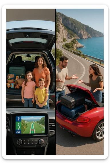 "Spacious family SUV loaded with luggage, snacks, entertainment for kids, GPS showing clear 300km route planned with rest stops, happy family ready for road trip; contrasted with impractical two-seater convertible with no storage space, couple arguing about what to leave behind, suitcases barely fitting, comfort vs style dilemma, Italian coastal highway background" sticker