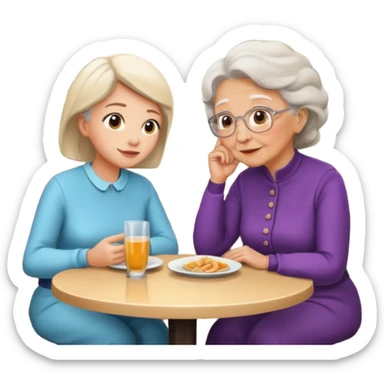 conversación dentro de un restaurant  dos personas y una de las persoans sea una abuela y el otro un adulto de 27 años mujer abuela y hombre joven sticker