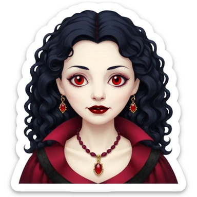 old Vampire lady Pale queen with ruby necklace, curly black long hair sticker