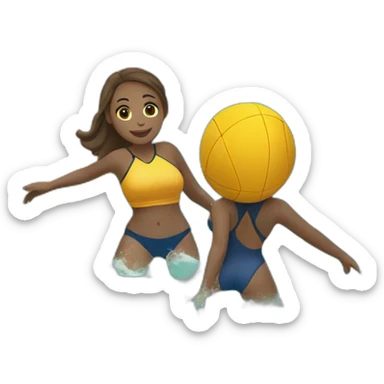 2 girls full body playing waterpolo in the beach recovering ball from near the sand sticker