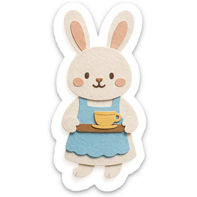 highly detailed, high quality paper craft style illustration of a white bunny in an apron holding a tea tray, intricate textures, soft lighting, delicate cut-paper details sticker
