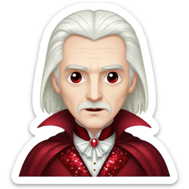 Count Dracula from Universal Monsters with long white hair, dark red sequin outfit sticker