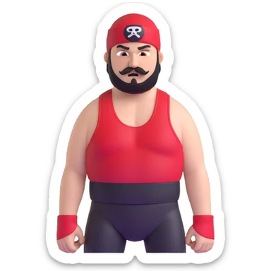 Close-up of very fat white skin guy with young face, beard and mustache, no muscle with prominent black durag, black eyes in a red and black wrestling singlet with angry face sticker