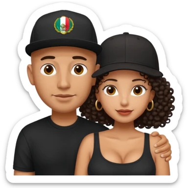 A picture of an embracing tanned couple. the man is a Mexican man with tanned skin, with a bald hair cut wearing a SnapBack hat and a black shirt. the woman has curly longer dark brown hair, thick and with big boobs   sticker