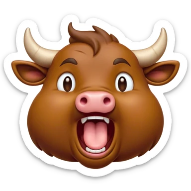 Cinematic Cute Yawning Brown Bull Portrait Emoji, Head tilted slightly with a dramatic, wide-open yawn, showcasing a smooth, rich brown hide with a subtle texture, floppy ears slightly drooping, round dark eyes barely open in drowsy contentment, Simplified yet irresistibly adorable features, highly detailed, glowing with a soft, cozy glow, high shine, relaxed yet expressive, stylized with a touch of rugged whimsy, bright and endearing, soft glowing outline, capturing the essence of a sleepy yet affectionate guardian, so drowsy it feels like it could charge right out of the screen and curl up for a nap! sticker
