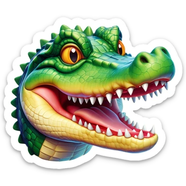 Cinematic Realistic Comical Crocodile Portrait Emoji, Head tilted dramatically with an exaggeratedly amused expression, featuring a striking, glossy scaly hide with bold textures and wide, expressive eyes full of playful disbelief, rendered with vivid natural hues and lifelike detail, high shine, dramatic yet playful, styled with an air of cheeky aquatic mischief, soft glowing outline, capturing the essence of a spirited and over‐the‐top crocodile that looks ready to snap its jaws in a burst of viral wild humor! sticker