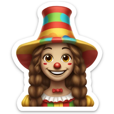 smiling clown girl with clown face paint wearing jester hat with straight long brown hair with a big smile  sticker