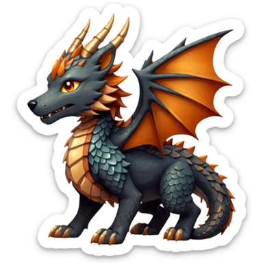 Majestic wolf-like dragon with red sandstone scales and layered plates resembling canyon rock formations. Crystallized mineral mane with copper and gold hues runs down its neck and back. Obsidian claws, amber eyes, and a tail of stone spires. Pokémon style. orange-ish brown fur/scales. sticker