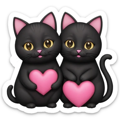 two fat cute black cats love, pink heart, closed mouth, black ears sticker