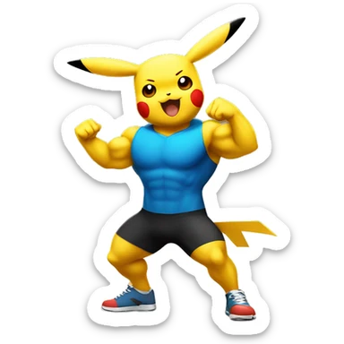 Pikachu cheering a white bold bodybuilder in training  sticker