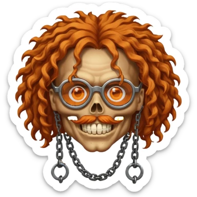 steam-punk Megadeth - iconic skull with rusty glasses and chains on his teeth, orange curly huge hair sticker