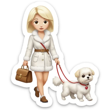 blonde woman, walking a small maltese dog. sticker