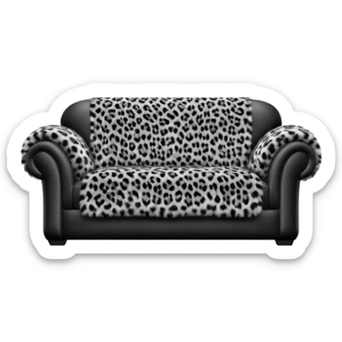 detailed, hyperrealism, still life style, beautiful realistic black leather sofa, with a realistic black, white and gray leopard print fuzzy blanket sticker