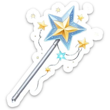 A long slender silver wand topped with a large glittering star, emitting glowing magical sparkles sticker